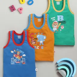 BUMZEE Cotton Pack Of 3 Sleeveless Baby Animals Printed Vests - Orange & Green-picture-2