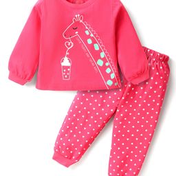 Kookie Kids Single Jersey Knit Full Sleeves Night Suit With Giraffe & Polka Dot Print - Dark Pink-image-89