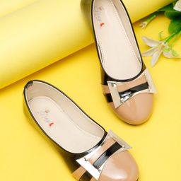 Tiny Bugs Bow Shaped Buckle Detailed Colour Blocked Slip On Ballerians - Beige & Black-image-12