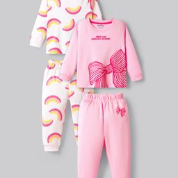 Bonfino 100% Cotton Full Sleeves Night Suit With Rainbow & Bow Print Pack Of 2 - White & Pink-picture-35