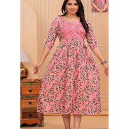 NEVISHA STYLE Cotton Woven Three Fourth Sleeves Floral & Leaves Printed Maternity Kurta With Side Zipper Nursing Access - Pink-picture-22