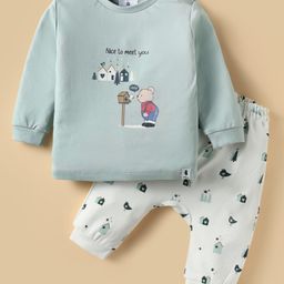 First Smile Interlock Knit Full Sleeves T-Shirt & Legging Set with Bear Print - Light Blue-image-87