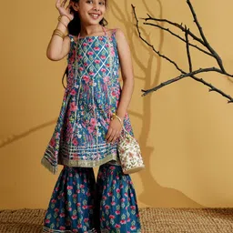 AJ Dezines Cotton Woven Sleeveless Floral Printed Gota Lace Embellished Kurta Sharara Set - Blue-picture-31