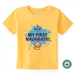 BLUSHES 100% Cotton Knit Navratri Theme Half Sleeves My First Navaratri Text Printed Tee - Yellow-picture-18