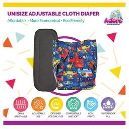 Adore Baby Unisize Adjustable Cloth Diaper with 5-Layer Charcoal Insert Vehicle Theme Pack of 3 - Navy Blue image 2