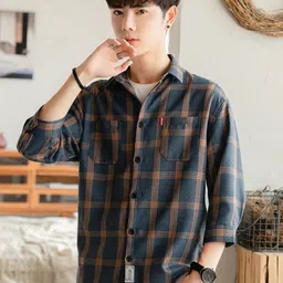 KPOP Men Shepherd Checked Spread Collar Original Fit Casual Shirt-image-3