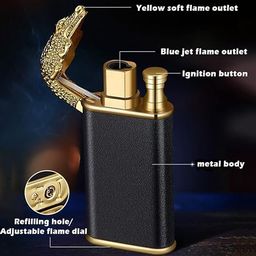 kavyara Jet Torch Lighter, Stylish Crocodile-Design Lighter, Dual-Mode Soft/Jet Flame Lighter, Metal Pipe Lighter with Adjustable Flame Control, Refillable Butane Lighter (Black) image 3