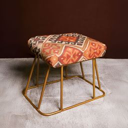 Decoghar Cream-Coloured & Orange-Coloured Geometric Printed Square Shaped Metallic Stool-18