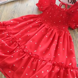 YK Girls Floral Print Square Neck Puff Sleeves Smocked Fit And Flare Dress-image-6