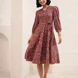 DressBerry Floral Printed Puff Sleeves Crepe Fit & Flare Midi Dress-image-78