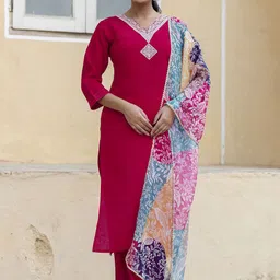 KALINI Women Embroidered Regular Thread Work Straight Kurta with Trousers & Dupatta-picture-18