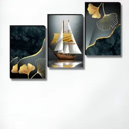 SAF Black & White 3 Pieces Ship Wooden Wall Art-image-83