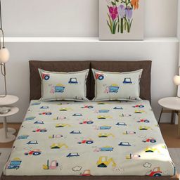 RIDHAAN Off White & Blue Cartoon Characters Cotton 220 TC Queen Bedsheet Set 1.82m x 1.92m-38