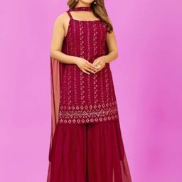 PARROT CREATION Embroidered Straight Sequinned Georgette Kurti With Sharara And Dupatta image 4