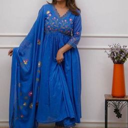 MILAAV Floral Embroidered V-Neck Pure Cotton Anarkali Kurta With Trousers & Dupatta-image-25