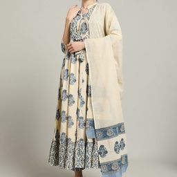 Gujari Floral Printed Pure Cotton Anarkali Kurta With Trousers & Dupatta-image-7