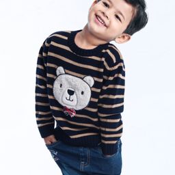 Babyoye Acrylic Full Sleeves Stripe Sweater Bear Embroidery - Navy Blue-image-28