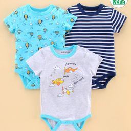 Babyoye Bio-Wash Half Sleeves Cotton Onesie Balloon Print Pack of 3 - Blue-image-58