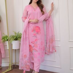 KALINI Floral Printed V-Neck Straight Kurta With Trouser And Dupatta-29
