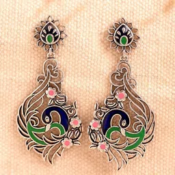 Voylla Silver-Plated Peacock Shaped Oxidised Drop Earrings-11