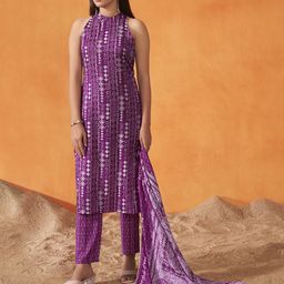 Anouk Ethnic Motifs Printed Halter Neck Straight Kurta With Trousers And Dupatta-2