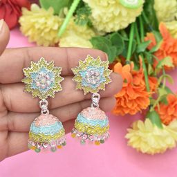MEIRA JEWELLERY Artificial Stones Studded & Beaded Dome Shaped Jhumkas-picture-15