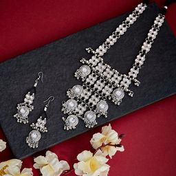 Sangria Silver-Plated German Silver stone studded Afghani Necklace set with Ghungroo Drop-image-46