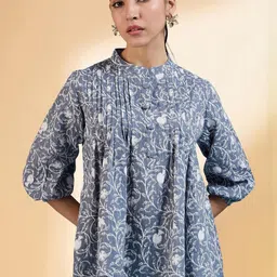 all about you Women Floral Print Mandarin Collar Puff Sleeve Cotton Top-picture-36