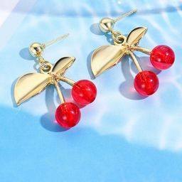 StyleCast x Revolte Gold-Plated Leaf Shaped Beads Beaded Cherry Red Drop Earrings-91