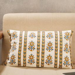 Fabindia Nafisa White & Brown Printed Cotton Rectangle Cushion Cover-picture-19
