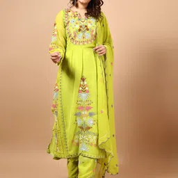 SWEETPEL Floral Embroidered Anarkali Kurta With Trousers & Dupatta-picture-17