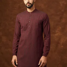 JAYPORE Striped Woven Design Band Collar Rolled-Up Sleeves Straight Kurta-picture-17