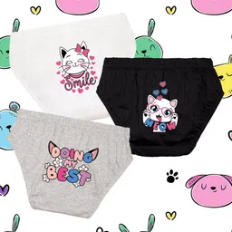 NUSYL Girls Pack Of 3 Cute Cat Printed Pure Cotton Basic Briefs-image-98