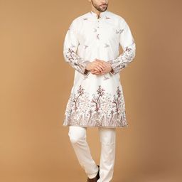Wintage Floral Embroidered Thread Work Mandarin Collar Straight Kurta With Pyjamas-picture-41