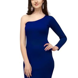 ZELZIS Women Blue One Shoulder Solid Knee Length Polyester Dress-57