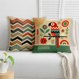 STITCHNEST Cream-Coloured & Red 2 Pieces Ethnic Motifs Satin Square Cushion Covers-13