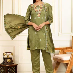 House of Pataudi Floral Embroidered Thread Work Straight Kurta With Trousers And Dupatta-picture-28