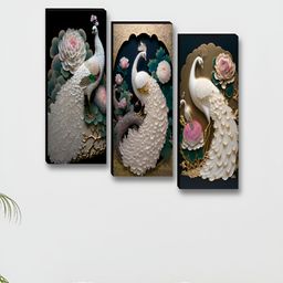 SAF White & Green 3 Pieces Floral and Botanical Synthetic Wood Wall Paintings-image-8