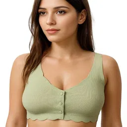 Blush Lado Women Green Scallop-Edge Button Front Ribbed Full Coverage Lightly Padded Bra-picture-26