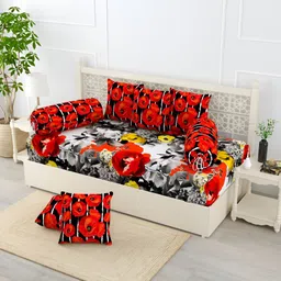 EverHOMEBlack & Red 8 Pieces Floral Printed Pure Cotton Diwan Set-9