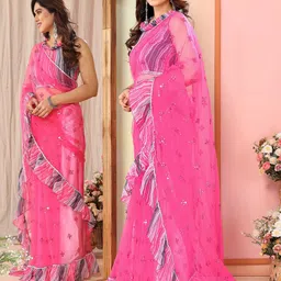 CATCHY FOREVER Embellished Mirror Work Net Saree image 2