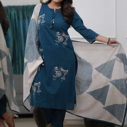 URMIR FASHION Women Blue Embroidered Viscose Rayon Straight Kurta & Trousers With Dupatta-picture-17