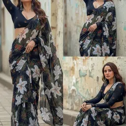 GHAN SALS Black Pure Georgette Printed Sarees-picture-0