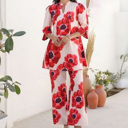 JISORA Pink Floral Printed Pure Cotton Tunic & Trousers-image-51