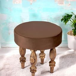 Ikiriya Brown Round Wooden Stool in Velvet Upholstery-image-13