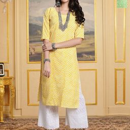 HERE&NOW Selection Of 2 Leheriya Printed Round Neck Straight Kurtas-picture-35