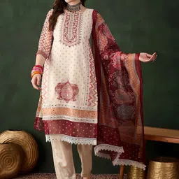 SAINOOR Ethnic Motifs Printed Mirror Work Organza Semi-Stitched Dress Material-image-49