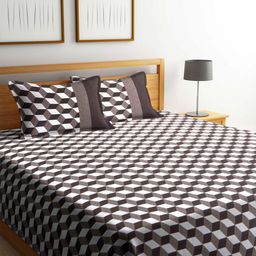 Romee Brown & White Printed Polycotton Reversible Double Bed Cover with 2 Pillow Covers-16