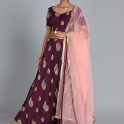 Ethnovog Burgundy  Gold Embroidered Made to Measure Lehenga  Blouse with Dupatta-picture-13