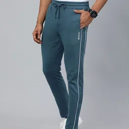 The Indian Garage Co Men Teal Blue Solid Regular Fit Track Pants with Side Stripe-image-8